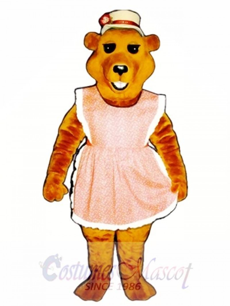 Cute Cheri Bear with Apron & Straw Hat Mascot Costume