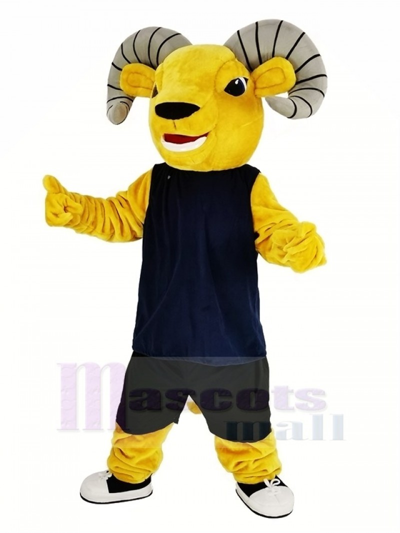 Light Brown Sport Ram with Blue Vest Mascot Costume Animal