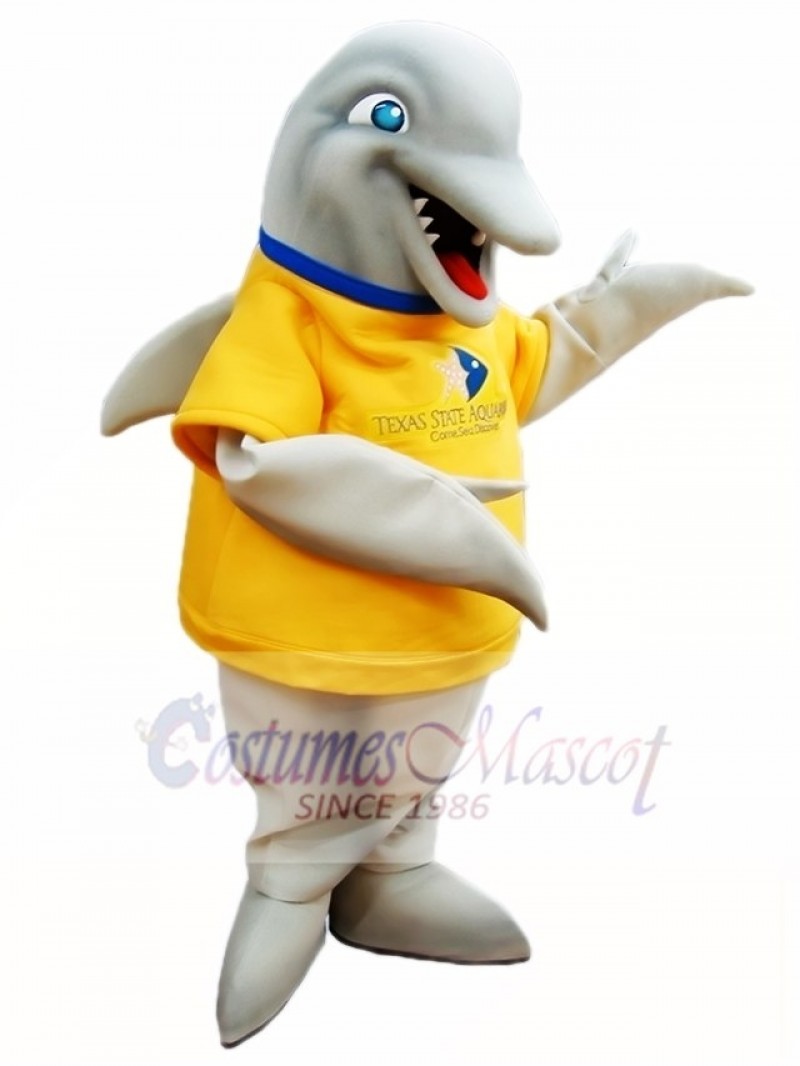 Grey Dolphin with Yellow Shirt Mascot Costumes