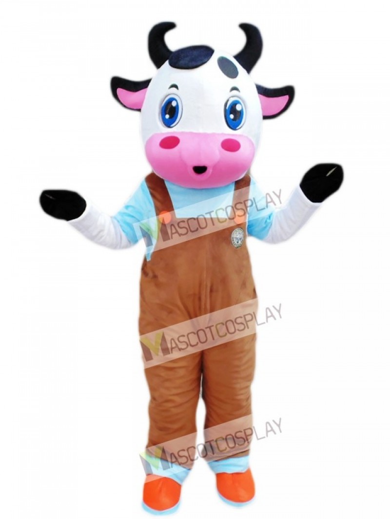 Cute Blue Eyes Cow with Brown Overalls Mascot Costume