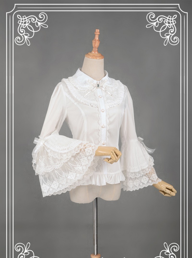 White Retro Mercerized Cotton Lace Flare Sleeve Lolita Blouse