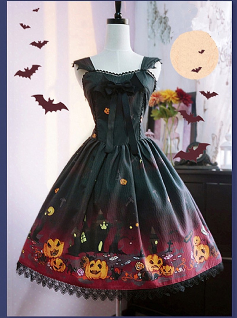 Black And Red Halloween Themed Pumpkin Printed Self Cultivation Skirt