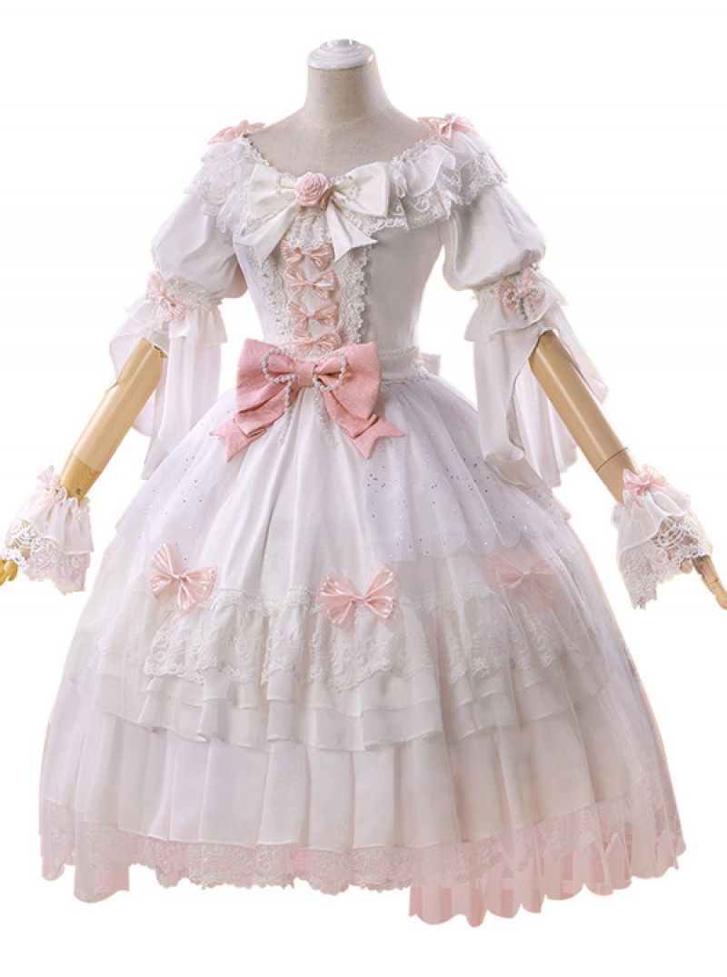 Elegant Pink Bowknot White Classic Lolita Wedding Dress