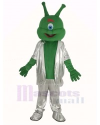 Green Alien in Silver Suit Mascot Costume