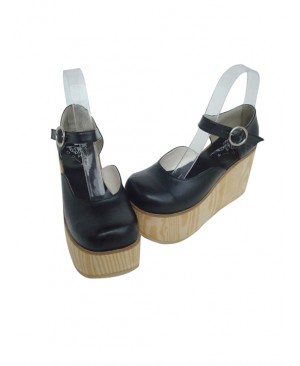 Black 3.7" Heel High Adorable PU Round Toe Cross Straps Platform Girls Lolita Shoes