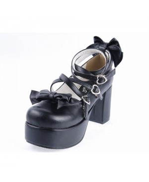 Black 3.1" High Heel Lovely Synthetic Leather Criss Cross Straps Bow Decoration Platform Girls Lolita Shoes