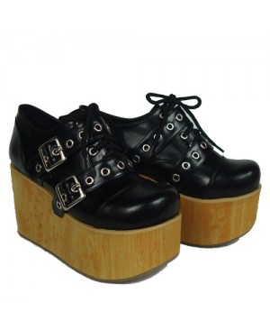 Black 3.7" Heel High Lovely Patent Leather Round Toe Cross Straps Platform Girls Lolita Shoes