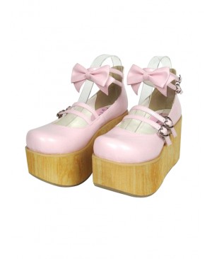 Pink 3.7" Heel High Stylish Patent Leather Round Toe Bow Decoration Platform Lady Lolita Shoes