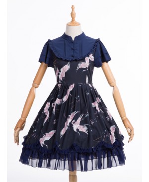 Dark Blue Retro Chinese Style Classic Lolita Short Sleeve Dress