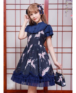 Dark Blue Retro Chinese Style Classic Lolita Short Sleeve Dress