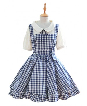 Pastoral Style Lattice Fake Two Pieces Sweet Lolita Short Sleeves Dress