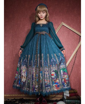 Surface Spell Rosary Printing High Waist Lolita Long Sleeve Dress