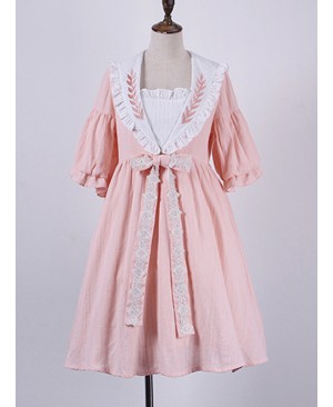 Cute Navy Collar Embroidery Sweet Lolita Lantern Short Sleeve Dress