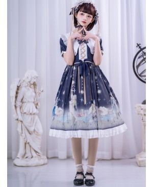 Little Prince Series Printing Bowknot High Waist Sweet Lolita Short Sleeve Dress