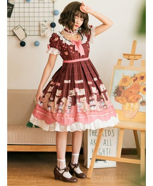 Little Bear Dessert Series OP Printing Pink Bowknot Sweet Lolita Short Sleeve Dress