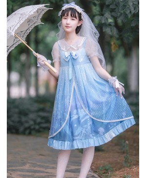 Ocean Series Whale And Jellyfish Printing Classic Lolita Blue Sling Dress