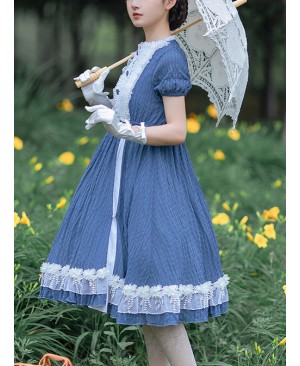 White Lace Ruffle Hem Blue Elegant OP Classic Lolita Short Sleeve Dress