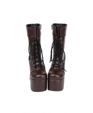 Brown Round-toe Lace-up Thick Bottom Lolita Middle Barrel Boots