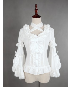 White Lace Short Sleeve And Flare Sleeve Lolita Hang The neck Blouse