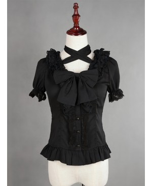 Black Lace Short Sleeve And Flare Sleeve Lolita Hang The neck Blouse