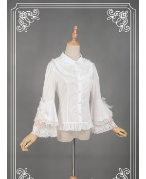 White Retro Mercerized Cotton Lace Flare Sleeve Lolita Blouse