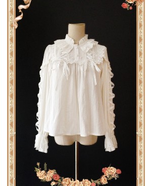 Warm Milk Tea Pure Cotton White Lace Puff Sleeve Classic Lolita Shirt