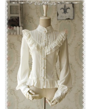 Moon's Elegy Standing Collar Accordion Pleats White Chiffon Long Sleeve Classic Lolita Shirt