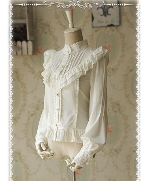 Moon's Elegy Standing Collar Accordion Pleats White Chiffon Long Sleeve Classic Lolita Shirt