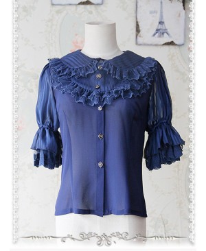 Deep Blue Glass Striped Doll Collar Lolita Bubble Sleeve Shirt