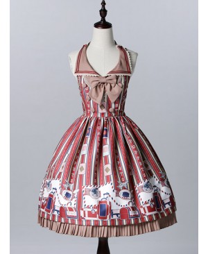 Wine Red Lapel Print Lolita Sleeveless Dress