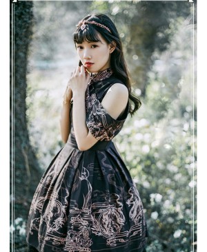 Black Kowloon Missing Shoulder Print Dress