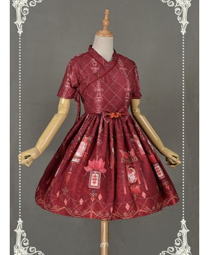 Dark Red Short Sleeves  Pleated Skirt Qi Lolita Dress - Chinese Palace Lanterns