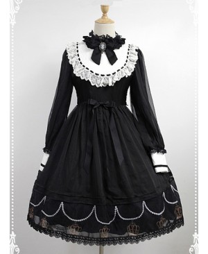 Black And White Long Sleeves OP With Crown Printed Skirt Hemline