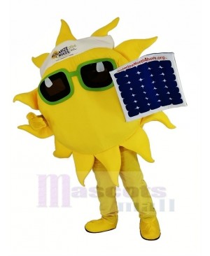 Funny Sun Holding a Solar Panel Mascot Costume