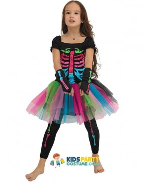 Girls Funky Punky Bones Costume Child Skeleton Rocker Cosplay Tutu Dress Fancy Dress Costume