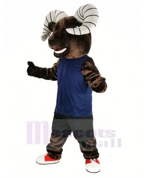 Dark Brown Sport Ram with Blue Vest Mascot Costume Animal