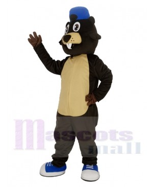 Brown Beaver with Blue Hat Mascot Costume