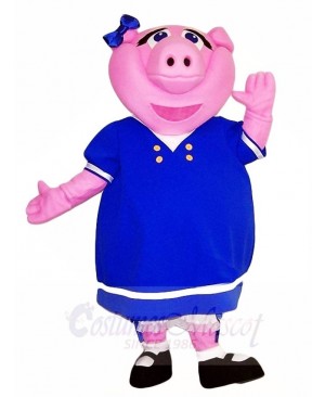 Pink Pig in Blue Dress Mascot Costumes Farm Animal