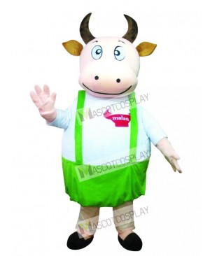 Cute Fat Cow with Blue Overalls Mascot Costume