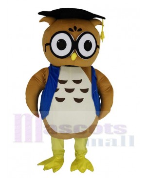 Brown Doctor Owl in Blue Vest Mascot Costume Animal