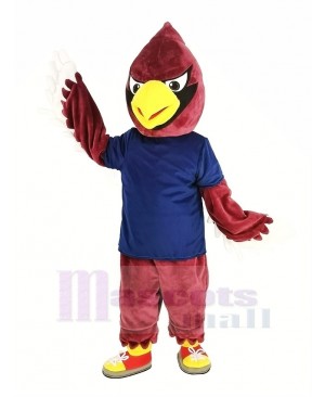 Red Cardinal Bird in Dark Blue Shirt Mascot Costume