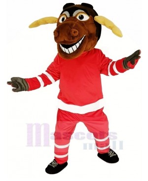 Moose Ice Hockey Player with Red Sweatshirt Mascot Costume