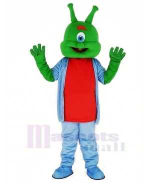 Green Alien with Blue Coat Mascot Costume Cartoon