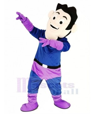 Super Hero in Purple and Blue Coat Mascot Costume People