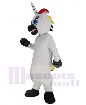 White Unicorn Mascot Costume Cartoon with Blue Eyes