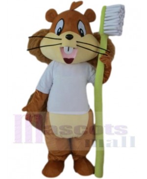 Cute Squirrel Mascot Costume Animal Holding Toothbrush