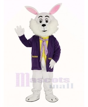 White Easter Bunny Rabbit in Purple Coat Mascot Costume