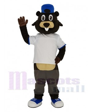 Brown Beaver in White T-shirt Mascot Costume