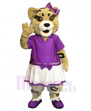 Brown Cat Mascot Costume Animal in Purple Dress