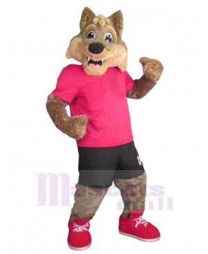 Sharp Teeth Brown Wolf Mascot Costume Animal in Pink T-shirt